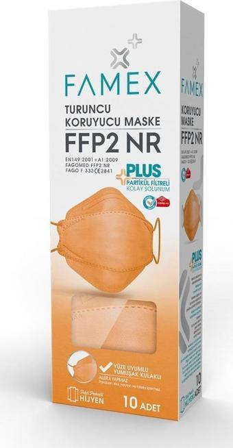 FAMEX N95 FFP2 KORUYUCU MASKE TURUNCU RENK 10 ADET TEKLİ PAKET FİSH MODELİ