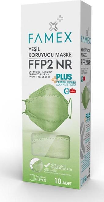 FAMEX N95 FFP2 KORUYUCU MASKE YEŞİL RENK 10 ADET TEKLİ PAKET FİSH MODELİ