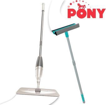 PONY SÜPER 2 Lİ SPREY MOP + TELESKOPİK SAPLI CAM SİLECEĞİ ÇEKÇEK KREM PASPAS TEMİZLİK SETİ