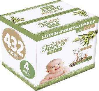 Baby Turco Bebek Bezi Doğadan Beden:4 (8 - 14 Kg) Maxi 432 Adet Süper Avantaj Pk