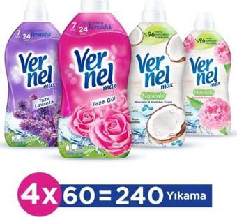 Vernel Max Konsantre Yumuşatıcı Gül + Lavanta + Hindistan Cevizi + Şakayık 4 x 1440 ml 240 Yıkama