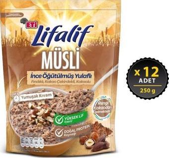 Eti Lifalif İnce Öğütülmüş Yulaflı Fındıklı, Kakao Çekirdekli, Kakaolu Müsli 12 x 250 gr