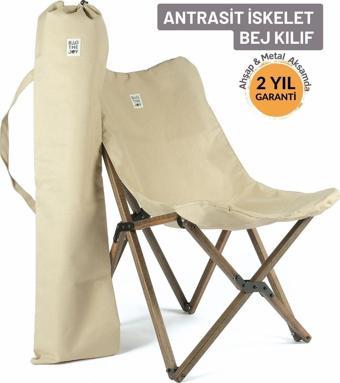 Bag The Joy Ahşap Katlanır Kamp & Bahçe Sandalyesi – Antrasit Iskelet - Bej Kılıf