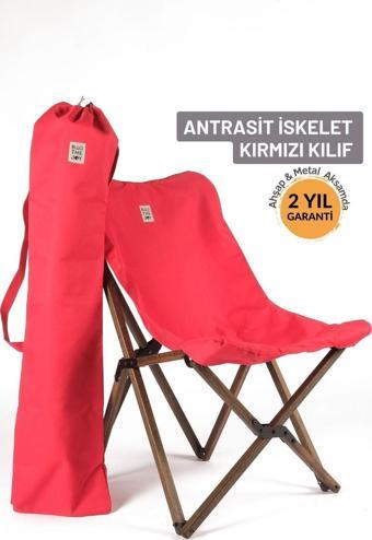 Bag The Joy Ahşap Katlanır Kamp & Bahçe Sandalyesi – Antrasit Iskelet - Kırmızı Kılıf