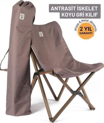 Bag The Joy Ahşap Katlanır Kamp & Bahçe Sandalyesi – Antrasit Iskelet - Koyu Gri Kılıf