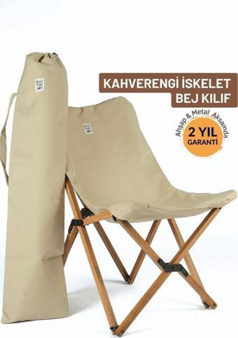 Bag The Joy Ahşap Katlanır Kamp & Bahçe Sandalyesi – Kahverengi Iskelet - Bej Kılıf