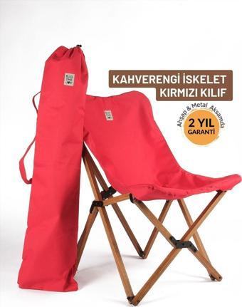 Bag The Joy Ahşap Katlanır Kamp & Bahçe Sandalyesi – Kahverengi Iskelet - Kırmızı Kılıf