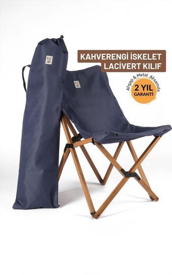 Bag The Joy Ahşap Katlanır Kamp & Bahçe Sandalyesi – Kahverengi Iskelet - Lacivert Kılıf