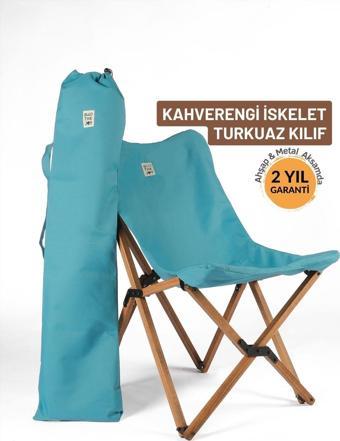 Bag The Joy Ahşap Katlanır Kamp & Bahçe Sandalyesi – Kahverengi Iskelet - Turkuaz Kılıf