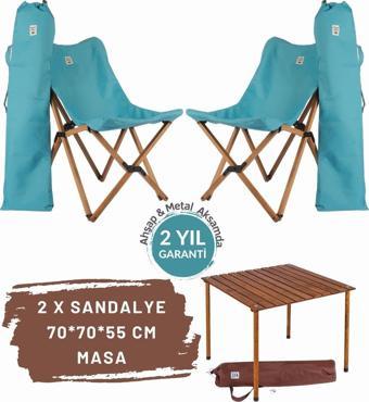 Bag The Joy Ahşap Katlanır Masa Sandalye Seti Kahverengi Iskelet Turkuaz Kılıf - 70x70x55 Kahve Masa