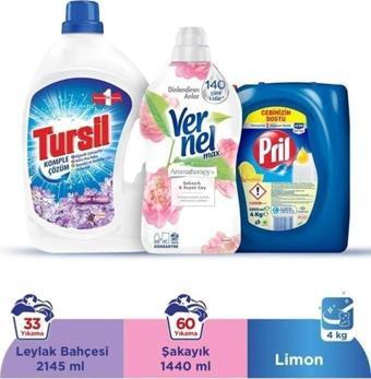 Tursil Sıvı Çamaşır Deterjanı Leylak 2145 ml + Vernel Yumuşatıcı Şakayık 1,44 lt + Pril Bulaşık Deterjan Limon 4 kg