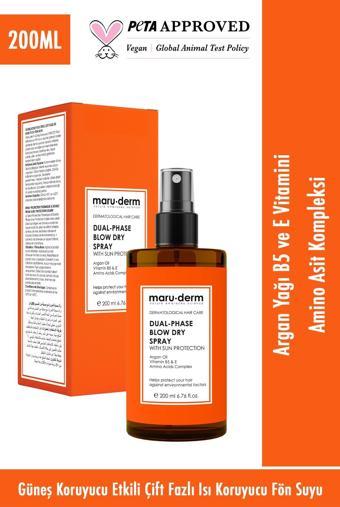 Maru.Derm Çift Fazlı Isı Koruyucu Güneş Koruyucu Etki'li Fön Suyu 200 ML Tüm Saç Tipleri Vegan
