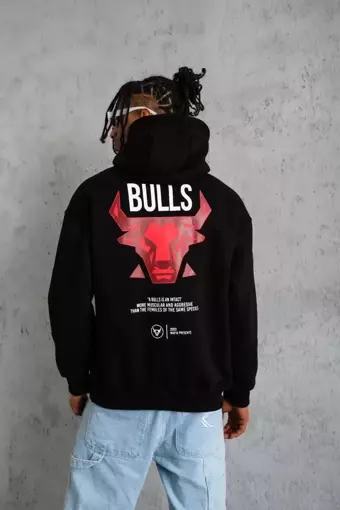 Kanguru Cep Baskılı Kapüşonlu Siyah Sweatshirt S