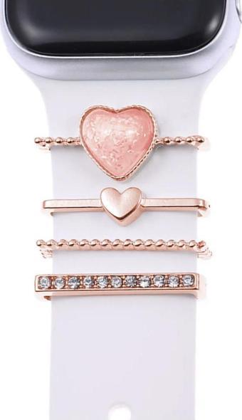 Microsonic Apple Watch 6 44mm Kordon Süsü Charm İnci Kalp Rose Gold