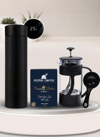 Trendmiya 500 Ml Siyah Dereceli Termos & Alerya Premium Filtre Kahve & Siyah French Press Hediye Seti