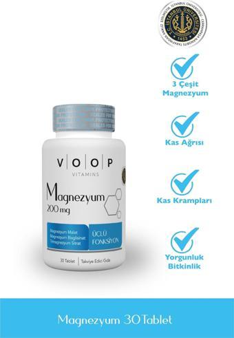 Voop Magnezyum Magnezyum Malat, Magnezyum Sitrat Ve Magnezyum Bisglisinat 200mg 30 Tablet