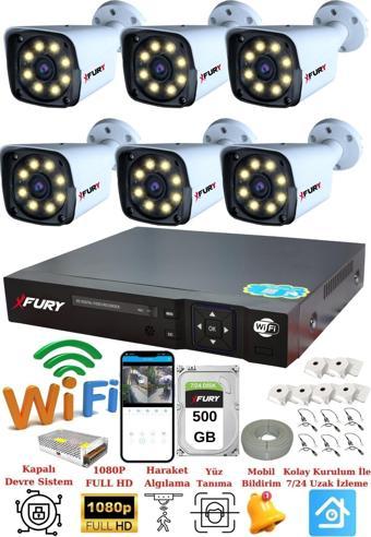FURY 6 Kameralı 5mp Lens 1080p 2mp Color Görüntü 8 Warm Led Gece Görüş FullHd Güvenlik Kamera 5520W 500GB