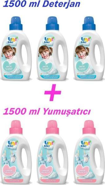 Uni Baby Sıvı Bebek Deterjanı Mavi 1500 Ml 3'Lü Yumuşatıcı Pembe 1500 Ml 3'Lü