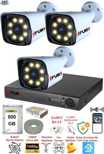 FURY 3 Kameralı 5mp Lens 1080p 2mp Color Görüntü 8 Warm Led Gece Görüş Fullhd Güvenlik Kamera 5520w 500