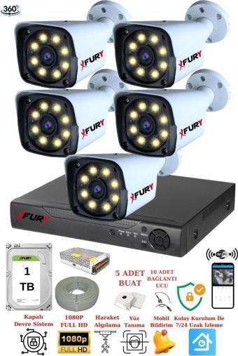 FURY 5 Kameralı 5mp Lens 1080p 2mp Color Görüntü 8 Warm Led Gece Görüş Fullhd Güvenlik Kamera 5520w 1 TB