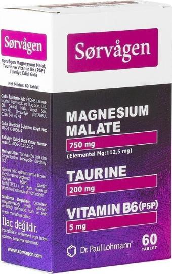 Sorvagren Magrnezyum Malat, Taurin Ve Vitamin B6 (P5P) 60 Tablet