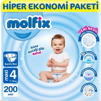 MolfixBebek Bezi 4 Beden Maxi Hiper Ekonomi Paketi 200 Adet