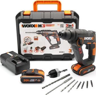 WORX WX390.1 20Volt 2.0Ah. Li-ion 1.2J Profesyonel SDS-Plus Pnömatik Çift Akülü Şarjlı Matkap + 8 Adet Uç + Mandren