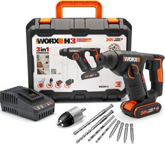 WORX WX394.3 20Volt 2.0Ah. Li-ion 1.5J Profesyonel SDS-Plus Pnömatik Şarjlı Matkap + 9 Adet Uç + Mandren