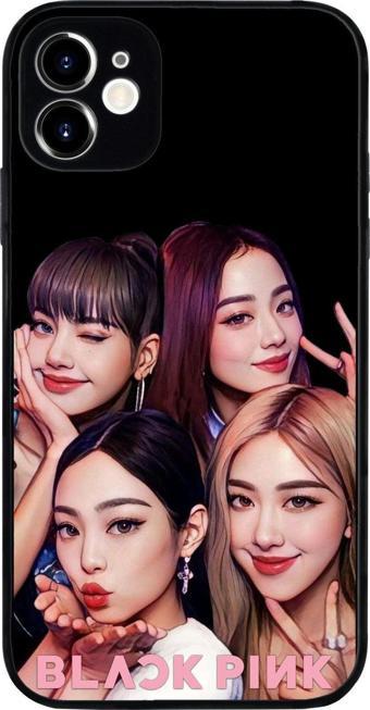 PrintiFy Apple iPhone 11 ile Uyumlu Silikon Arkası Cam Kapak BlackPink Tasarımlı Cam Kılıf