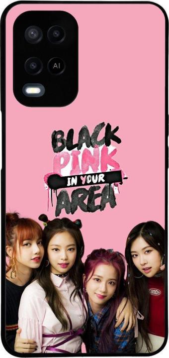 PrintiFy Oppo A54 ile Uyumlu Silikon Arkası Cam Kapak BlackPink Tasarımlı Cam Kılıf