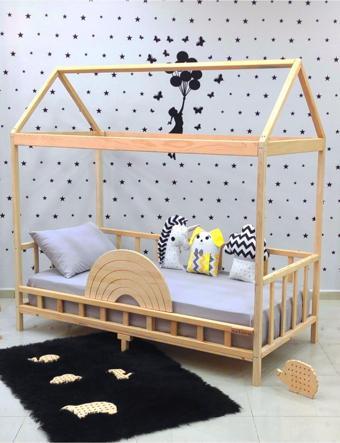 MiniWood Markaawm Çatılı Montessori Yatak Doğal Çam Çocuk Karyola