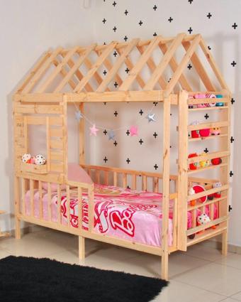 MiniWood Montessori Yatak Çocuk Yatak Raf Çatılı Doğal Çam 90x190 Menekşe