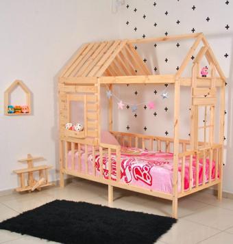 MiniWood Montessori Çocuk Yatak Pencereli Doğalçam 90x190 Karyola