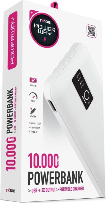 10.000 Mah Kablolu Dijital Göstergeli Gerçek 10.000 Mah Garantili İnce Tasarım Tx108 Beyaz Powerbank