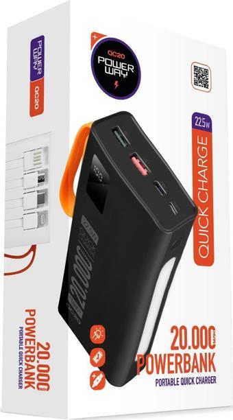 20.000 Mah Pd 22.5W Kablolu 3.0 Hızlı Şarj Gerçek 20.000 Mah Garantili Işıklı Qc20 Siyah Powerbank