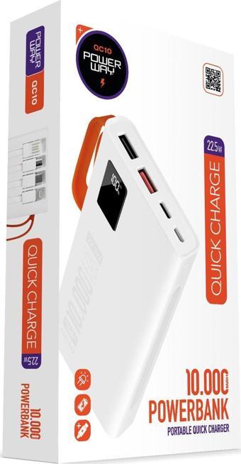 Powerway 10.000 Mah Pd 22.5W Dahili Kablolu Hızlı Şarj Gerçek 10.000 Mah Qc10 Beyaz Powerbank