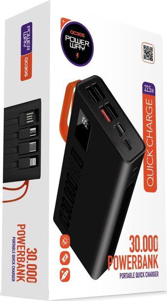 Powerway 30.000 Mah Pd 22.5W Dahili Kablolu Hızlı Şarj Fener Gerçek 30.000 Mah QC30S Siyah Powerbank