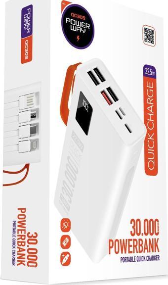 Powerway 30.000 Mah Pd 22.5W Dahili Kablolu Hızlı Şarj Gerçek 30.000 Mah QC30S Beyaz Powerbank