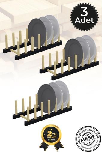 Seowood Ahşap Bölmeli Tabak Standı 3 Adet Siyah