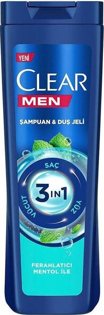 Clear Men 3in1 Şampuan & Duş Jeli Ferahlatıcı Mentol Etkisi Saç Yüz Vücut için 350ML