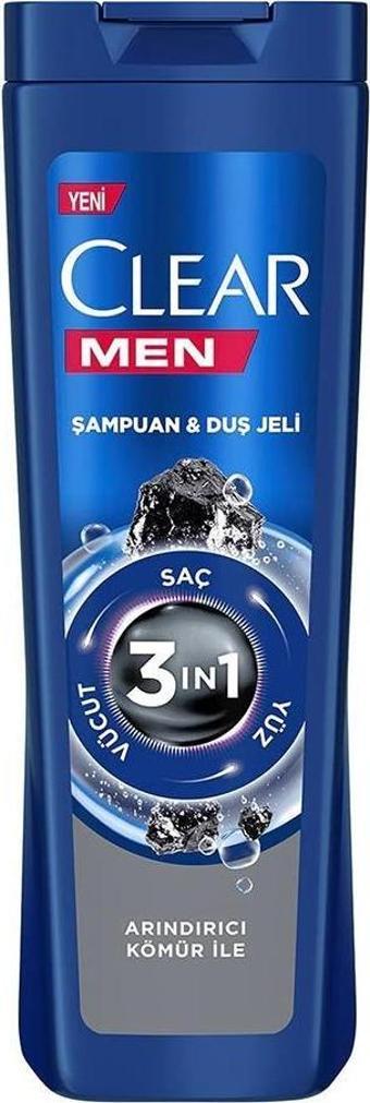 Clear Men 3in1 Şampuan & Duş Jeli Arındırıcı Kömür Saç Yüz Vücut için 350ML