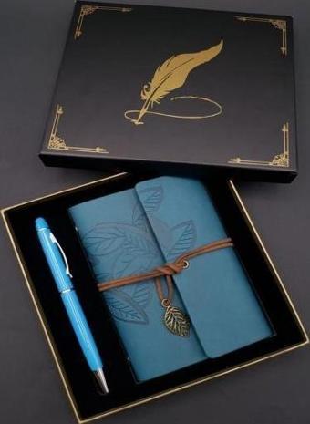 Metal Kalem Mavi Deri Defter Dekoratif Hediyelik