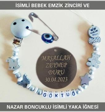 Sahi Aksesuar İsimli Bebek Emzik Zinciri Ve Nazar Boncuklu İsimli Yaka Iğnesi Bezyı346