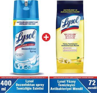 Lysol Dezenfektan Sprey Temizliğin Esintisi 400ml Antibakteriyel Islak Mendil 72li (YÜZEYLER İÇİN)