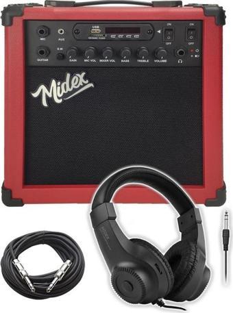 Midex MGA-25RDBT-HD ŞARJLI Elektro Gitar Amfisi 25 Watt USB Bluetooth Distortion Kulaklık ve Kablo
