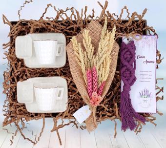 Anneler Gününe Özel Sunum Tabaklı Porselen Fincan Takımı & Hand Made Tasarım Buket & Canım Annem Mot