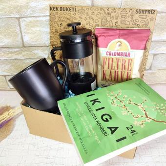 Ikigai Kitabı Hediye Seti, Filtre Kahve, Kupa ve Frenchpress, Kitap Okumayı Seven Birine Hediye