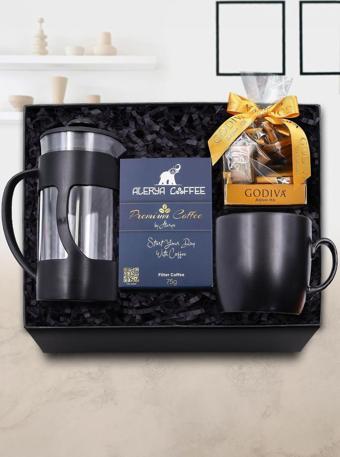 Trendmiya French Press & Siyah Mat Kupa & Alerya Premium Filtre Kahve & Godiva Napoliten Çikolata Hediye Seti