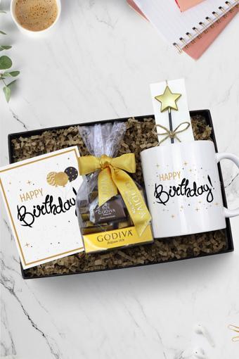 Trendmiya Happy Birthday Kupa & Godiva Napoliten Çikolata & Doğum Günü Yıldız Mum Hediye Seti