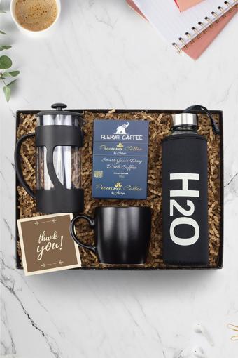 Trendmiya Kılıflı 500 Ml Siyah Matara & Alerya Premium Filtre Kahve & French Press & Siyah Kupa Hediye Seti